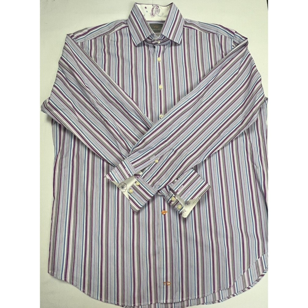 Thomas Dean Mens Large Multicolor Striped Long Sleeve Flip Cuff Button Up Shirt